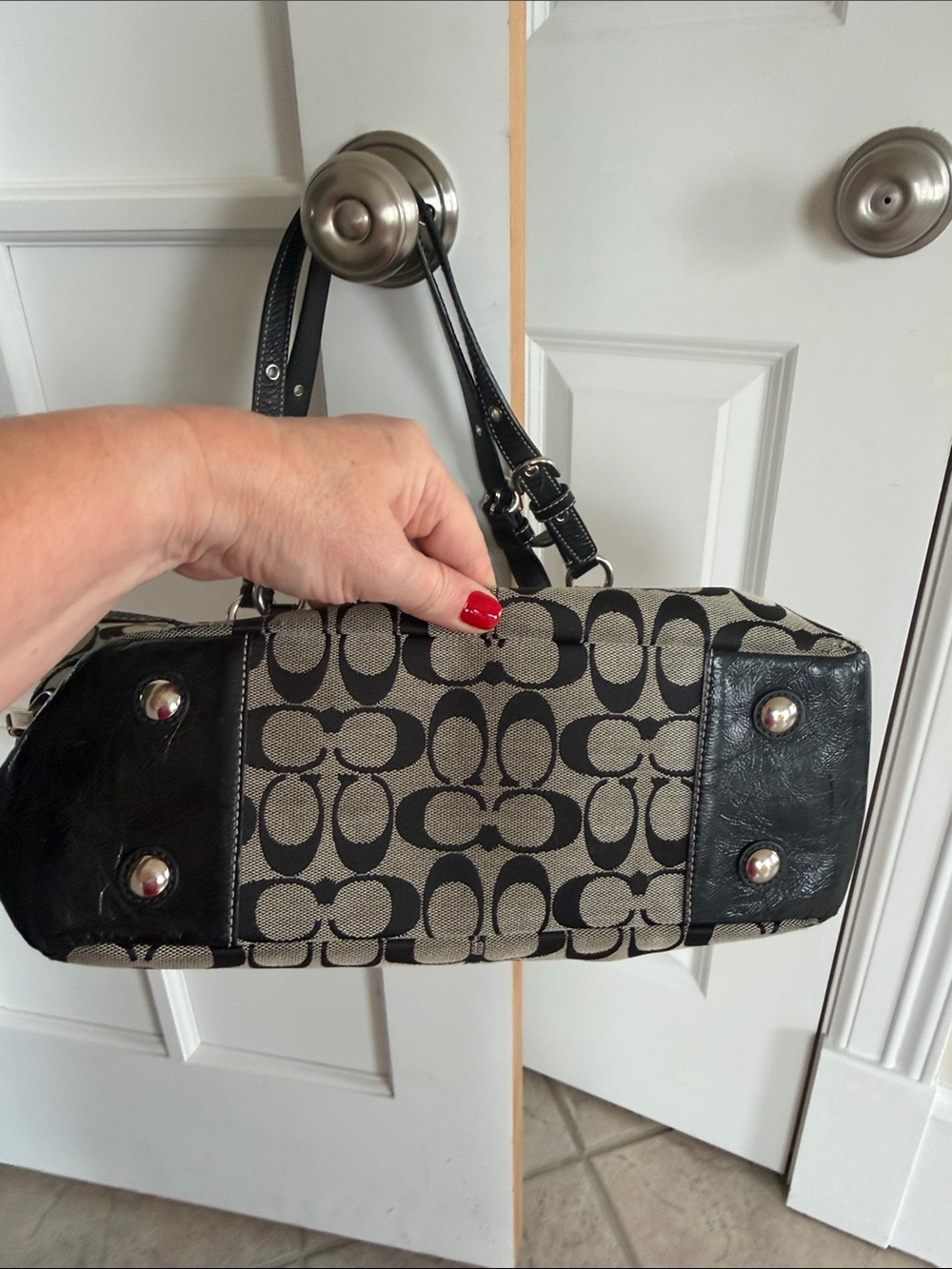 Coach Black and Tan Signature Tote with Leather Trim - Picture 5 of 11
